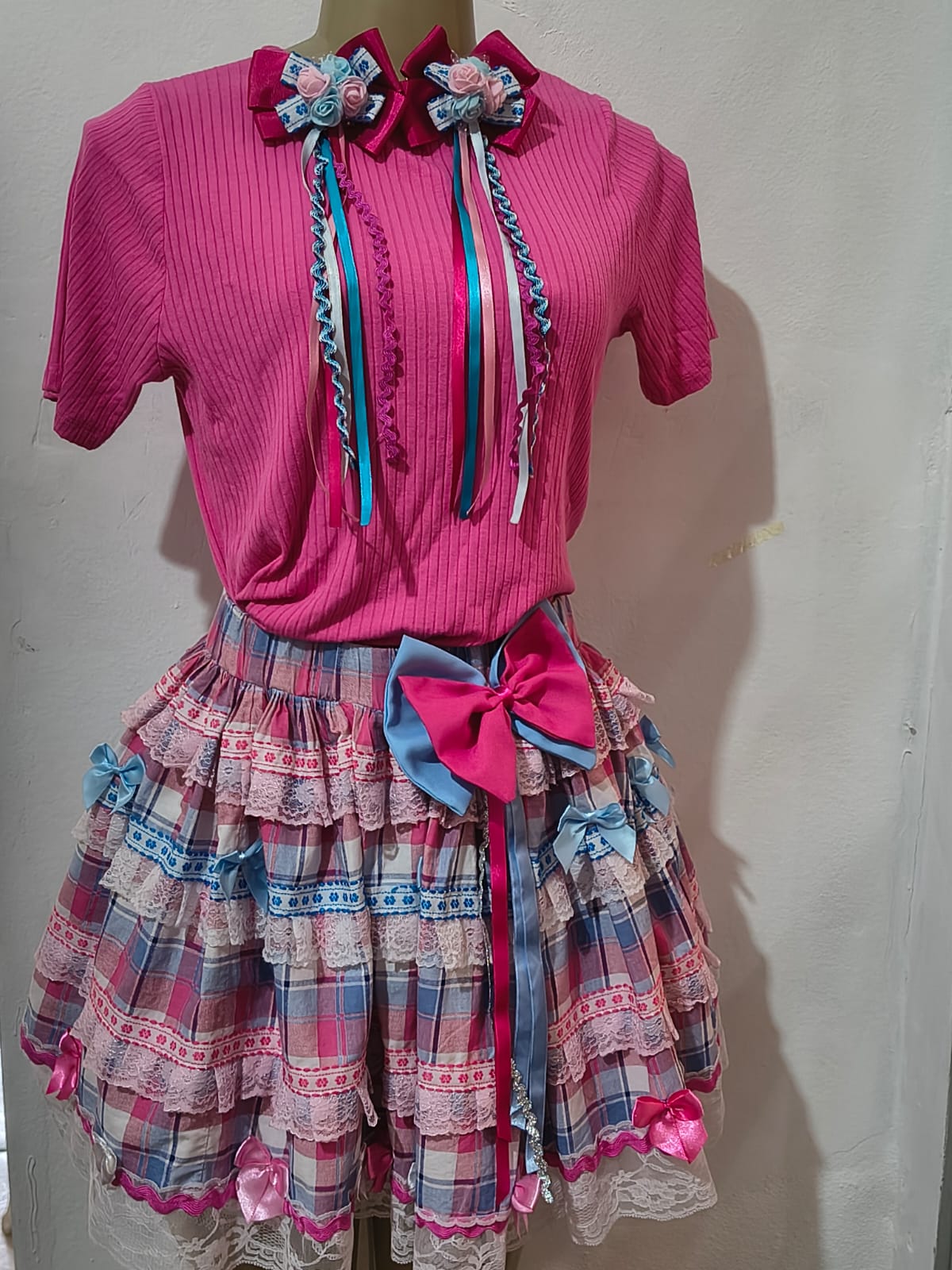 Saia Xadrez Rosa e Azul com Laço