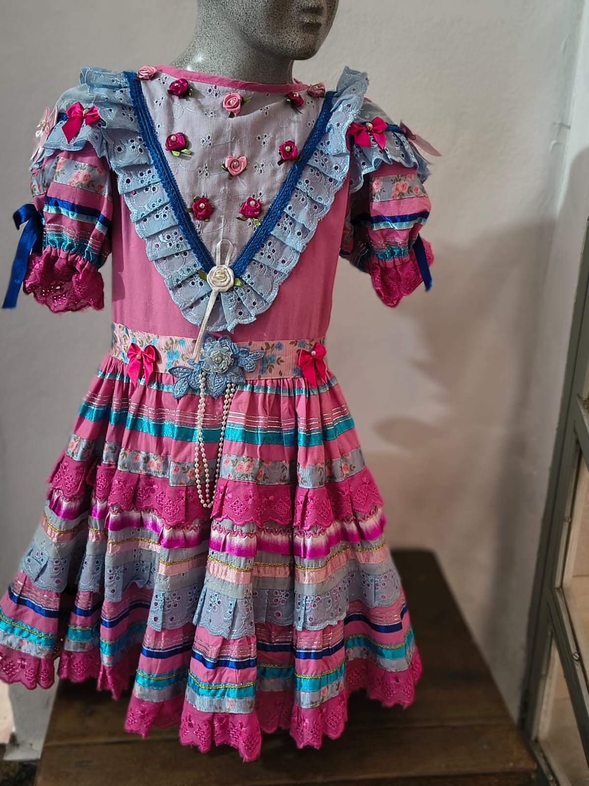 Vestido Caipira Rosa e Azul Infantil
